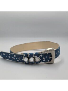 Denim Western Rhinestone Belt With Silver Polka Dots & Decorative Buckle - Mediu